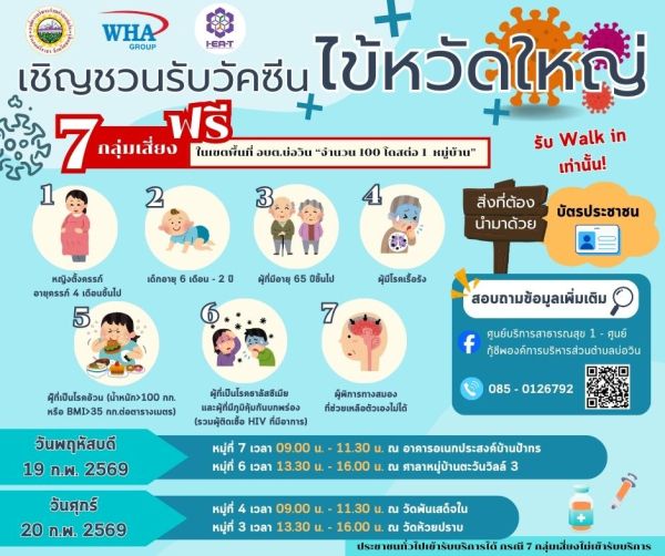 ประชาสัมพันธ์การฉีดวัคซีนป้องกันโรคไข้หวัดใหญ่ สำหรับประชาชนในเขตพื้นที่ อบต.บ่อวิน ฟรี ไม่มีค่าใช้จ่ายใดๆ ทั้งสิ้น ระหว่างวันที่ 19 - 20 กุมภาพันธ์ 2569 เวลา 09.00-16.00 น.