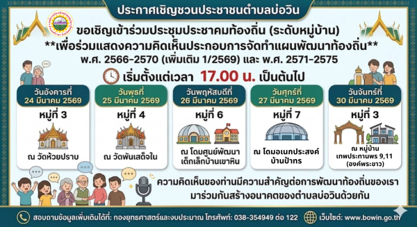 องค์การบริหารส่วนตำบลบ่อวิน ขอเชิญประชาชนตำบลบ่อวินทุกท่าน เข้าร่วมประชุมประชาคมท้องถิ่น (ระดับหมู่บ้าน) เพื่อรับฟังความคิดเห็นจากประชาชน ประกอบการจัดทำแผนพัฒนาท้องถิ่น พ.ศ. 2566-2570 เพิ่มเติม