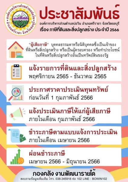 เรื่อง ภาษีที่ดินและสิ่งปลูกสร้างประจำปี 2566 กองคลัง งานพัฒนารายได้ องค์การบริหารส่วนตำบลบ่อวิน